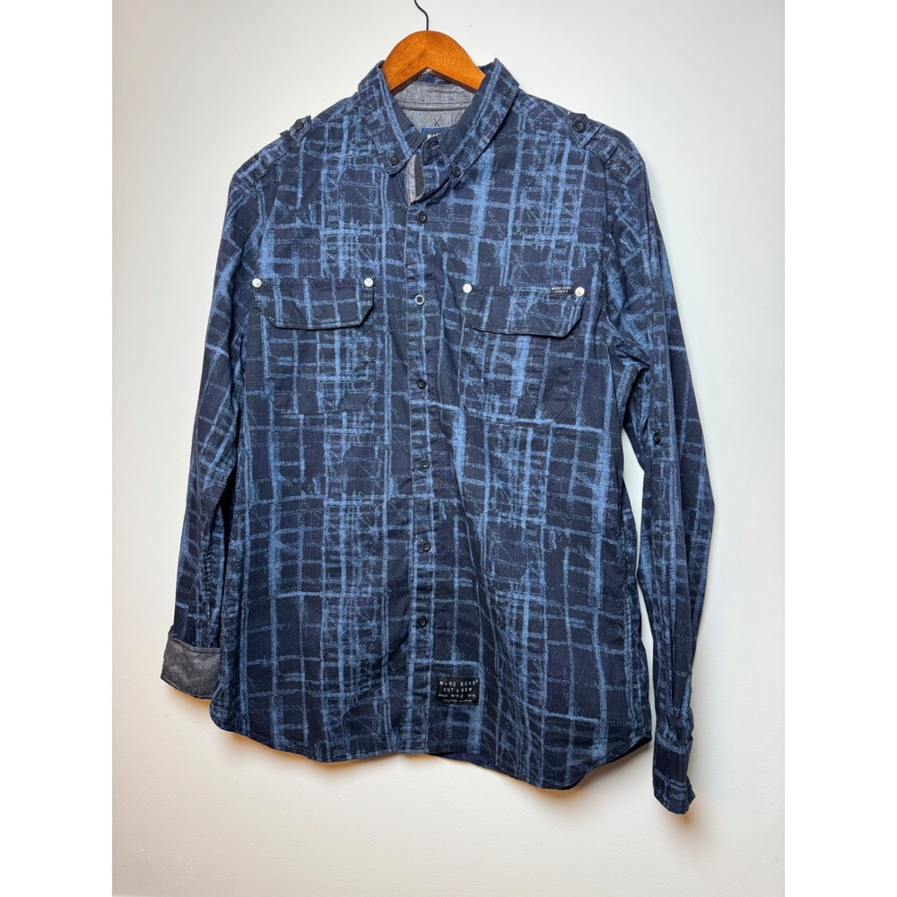 Marc Ecko Cut & Sew Mens Large Blue Abstract‎ Grid Button Down Shirt Long Sleeve